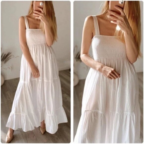 Zara Voluminous Cotton Poplin Maxi Dress NWT Smocked White Size Medium - Picture 2 of 9